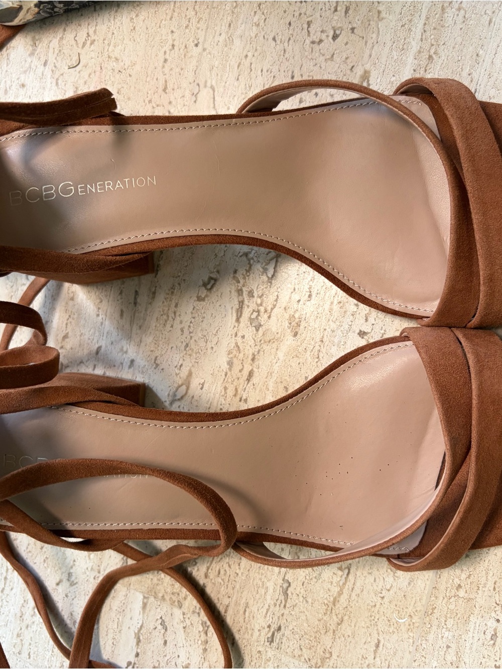 New without tag BCBGeneration Tan Suede Strappy Ankle-Tie Heels